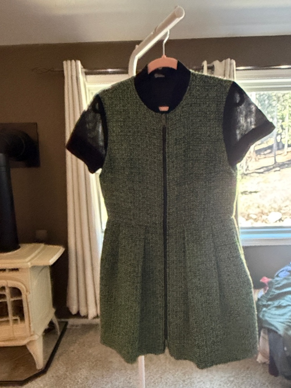 DKNY Green Tweed Short-Sleeve Zip-Front Dress with Black Sleeves